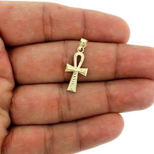 Real 10K Yellow Gold Diamond Cut Egyptian Ankh Cross Pendant